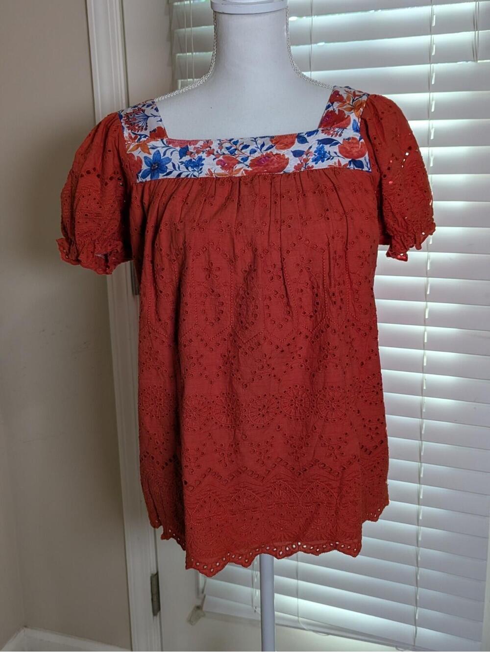 Women's Kyla Seo Burnt Orange Boho Eyelet Top X-small NWT Oversize